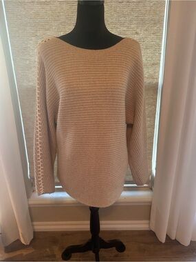 Just Jill (J. Jill) Relaxed Boat Neck Tan Knit Sweater with White Whip Stitching